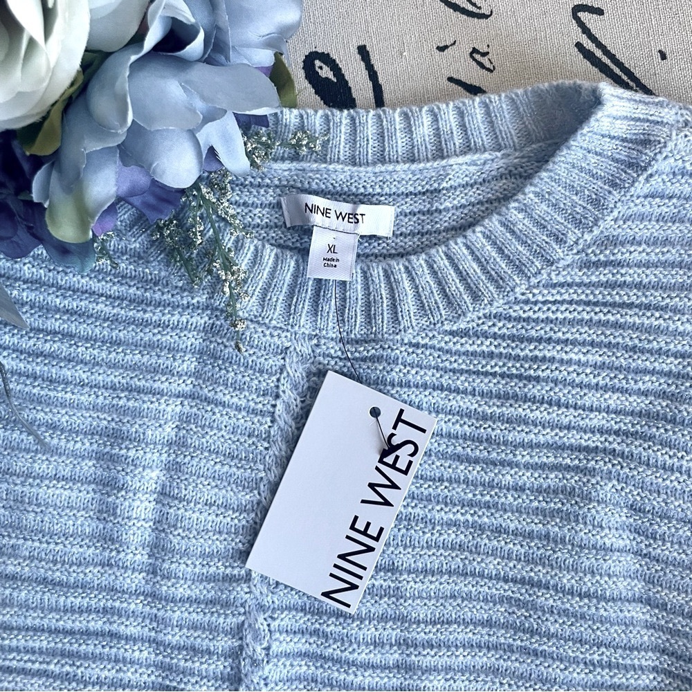 NWT Nine West Long Ribbed Metallic Sparkle Baby Blue Knit Pullover Sweater Tunic - Picture 8 of 9